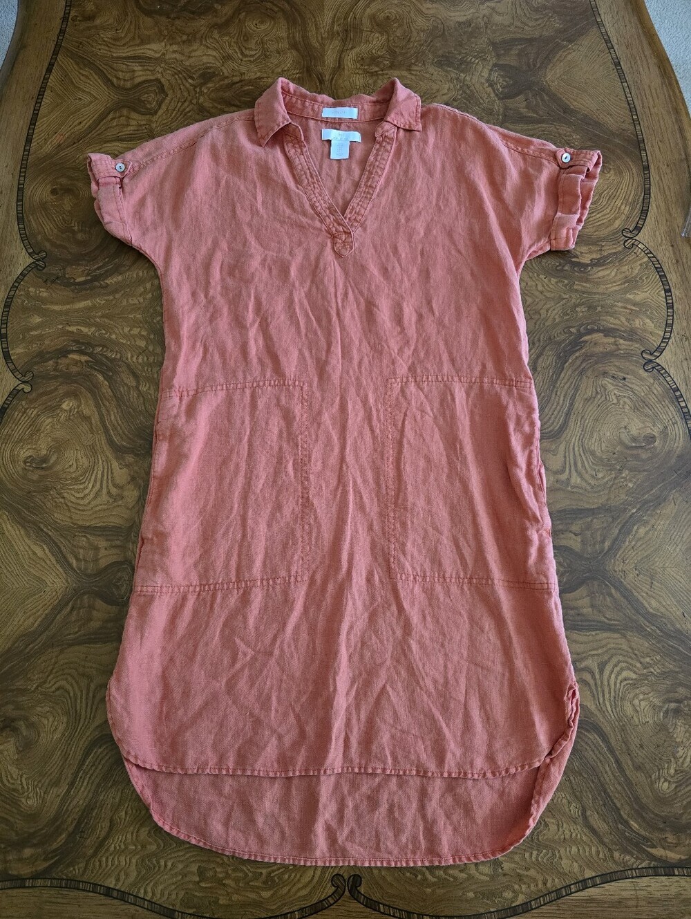 H by Halston Women's 100% Linen V-Neck Shift Dress Coral with Pockets, size S